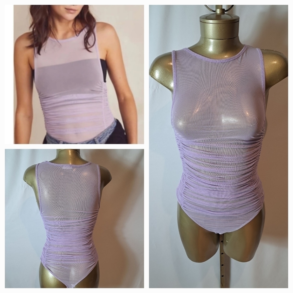 Free People Intimately Under It All Lilac Ruched Sheer Bobysuit
